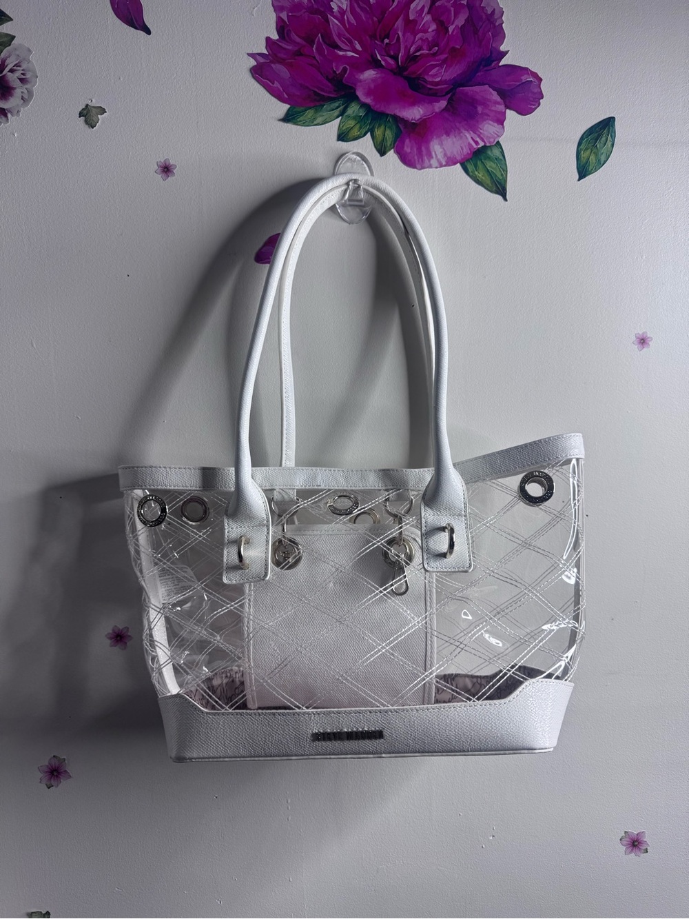Clear White Quilted Tote Bag with White Trim